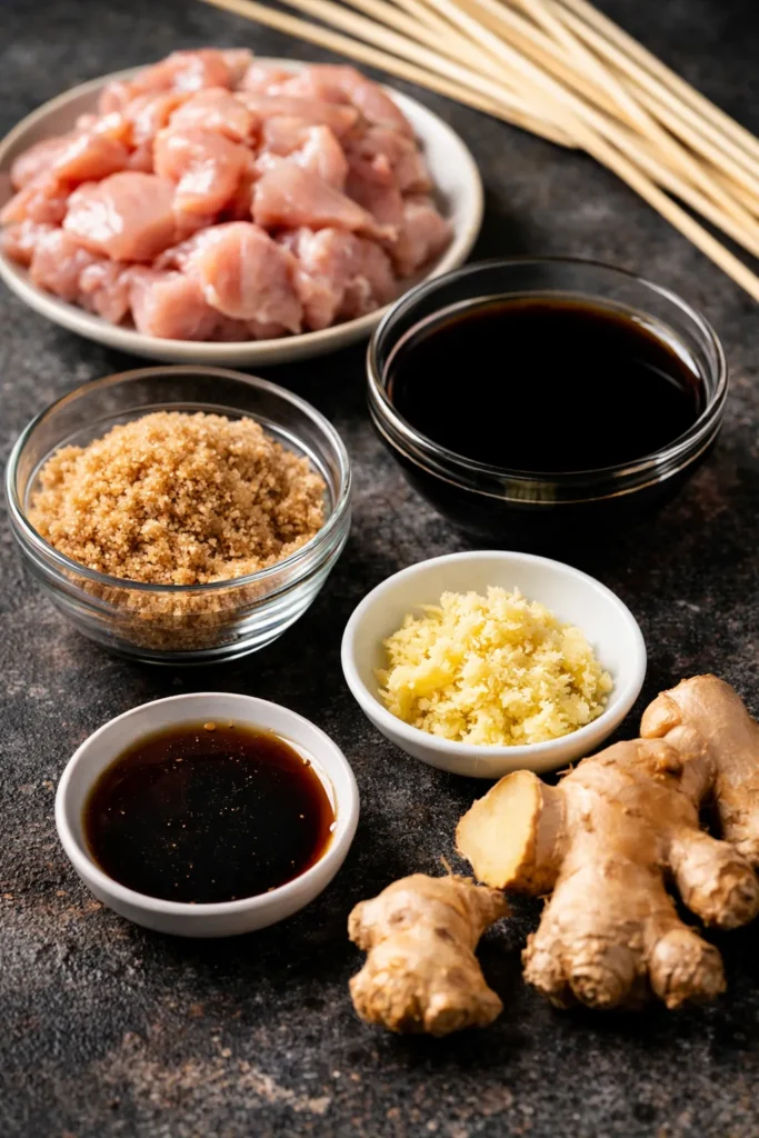 Japanese Chicken Yakitori: Easy Delicious Recipe 7 Yakitori Chicken Ingredients Soy Sauce Brown Sugar Garlic Ginger