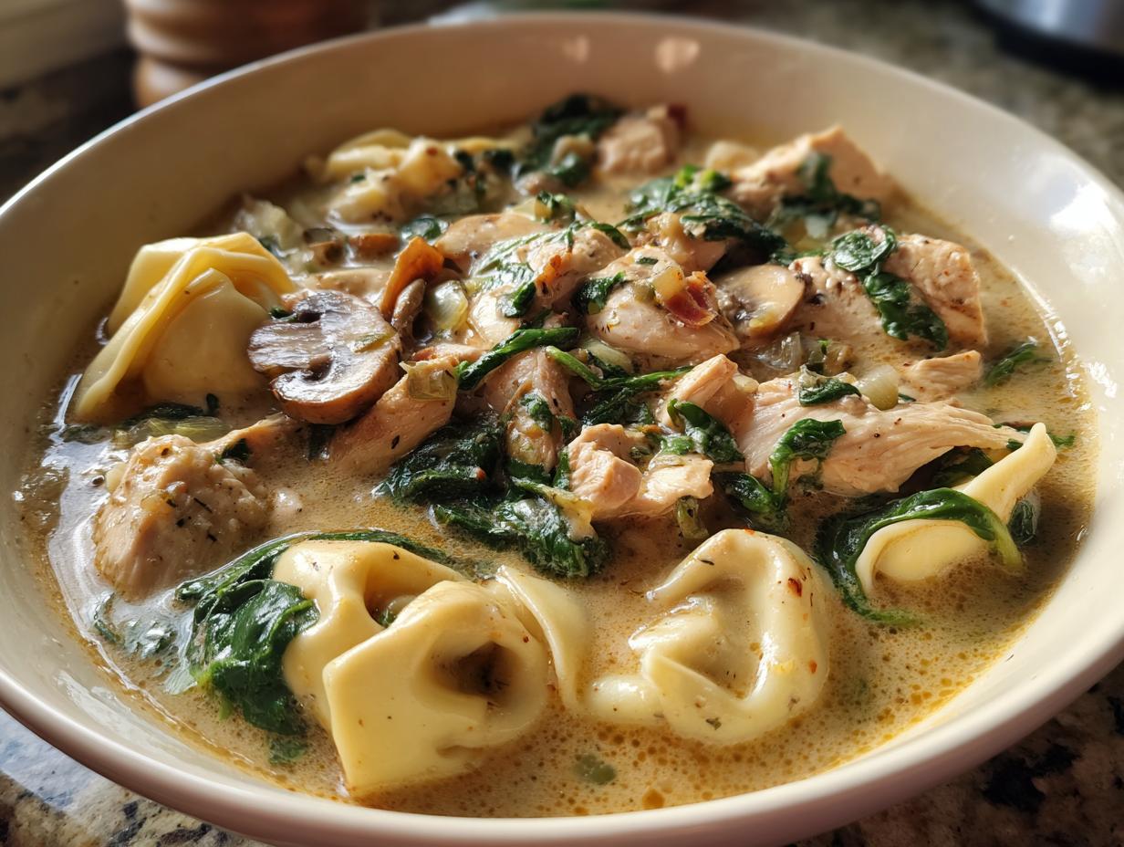 Creamy Chicken, Spinach and Mushroom Tortellini Soup