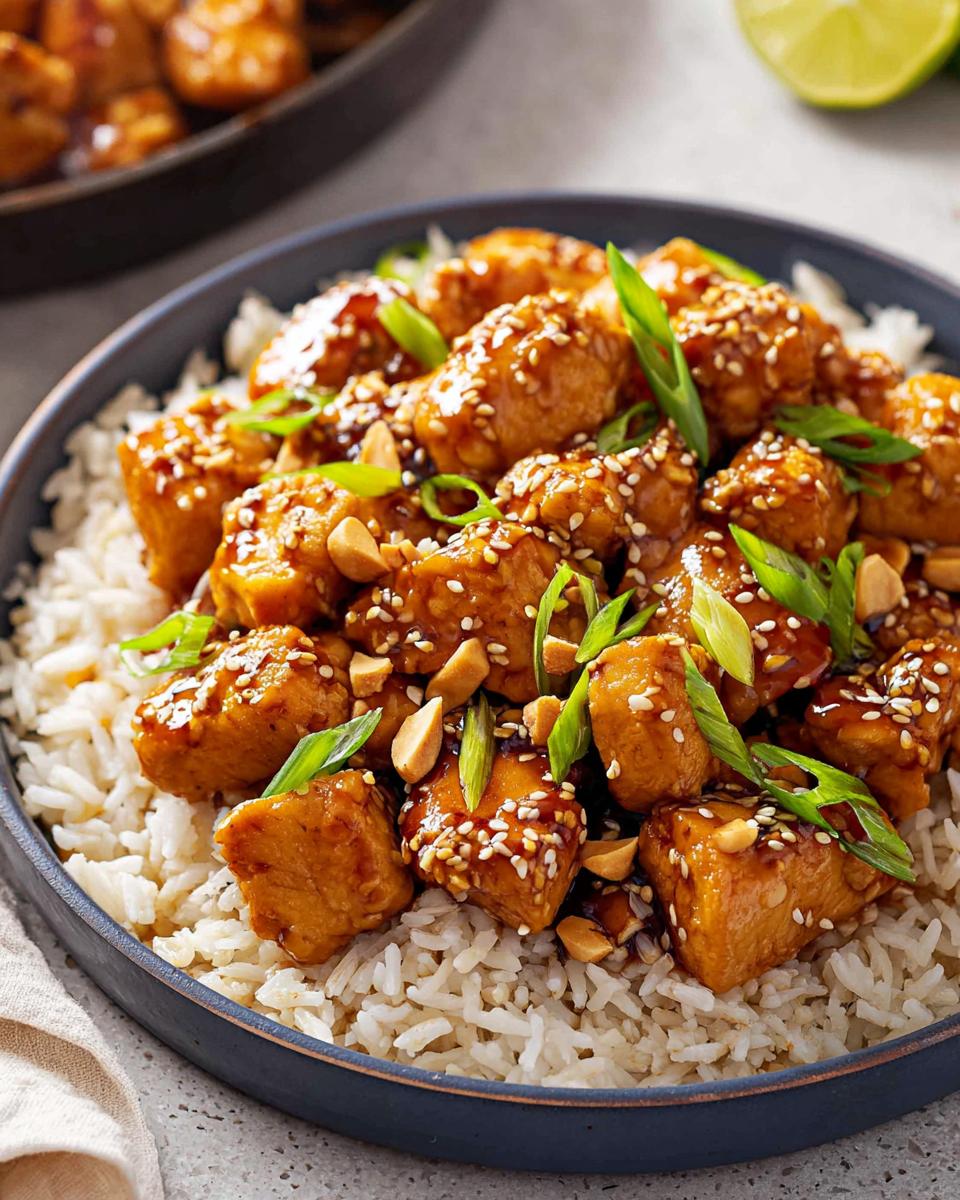 Amazing 15-Minute Honey Garlic Chicken You Must Try 5 A close-up of delicious Honey Garlic Chicken served over white rice, garnished with sesame seeds and green onions.