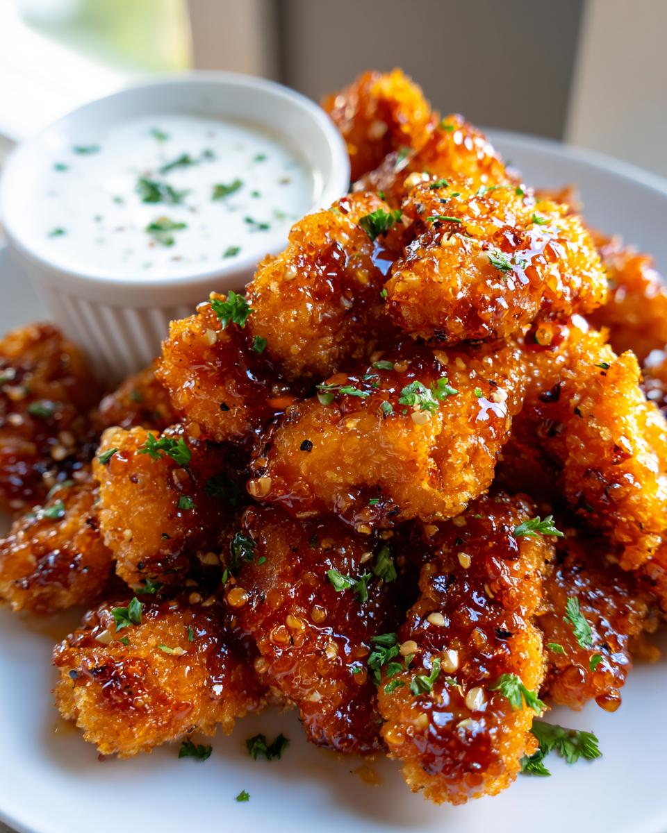 Amazing Air Fryer Hot Honey Chicken Bites 4 A close-up shot of crispy air fryer hot honey chicken bites glazed with sauce and sprinkled with sesame seeds and parsley, served with a side of dipping sauce.