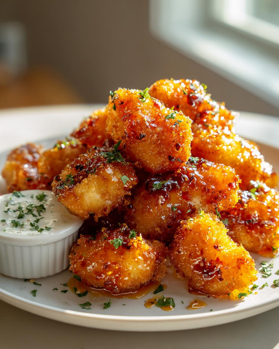 Amazing Air Fryer Hot Honey Chicken Bites 5 A pile of crispy air fryer hot honey chicken bites drizzled with sauce and sprinkled with parsley, served with a side of dipping sauce.