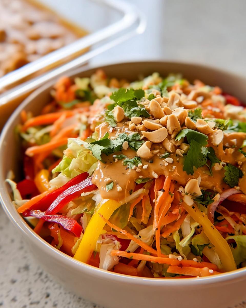 20-Minute Asian Chicken Chopped Salad with Peanut Dressing 4 A colorful Asian Chicken Chopped Salad topped with peanut dressing, cilantro, and chopped peanuts.