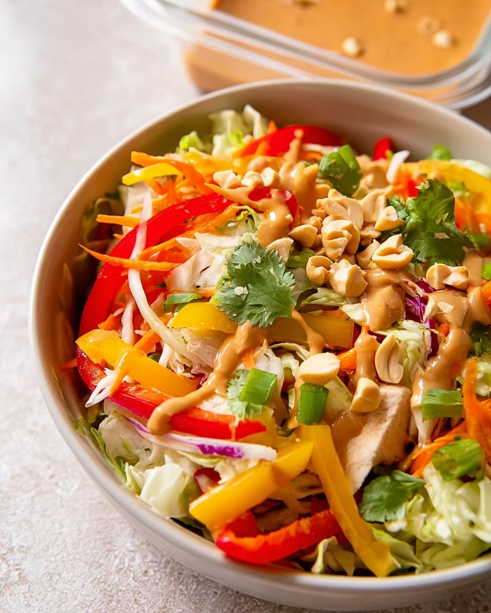 20-Minute Asian Chicken Chopped Salad with Peanut Dressing 5 A vibrant bowl of Asian Chicken Chopped Salad topped with creamy peanut dressing and chopped peanuts.