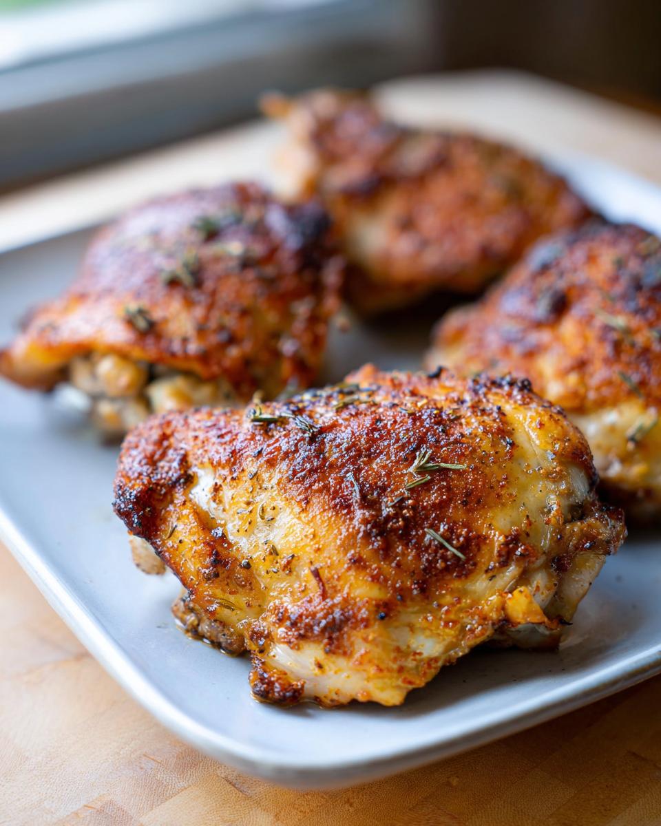Amazingly Crispy Baked Crispy Chicken Thighs In 8 Steps 5 Close-up of four perfectly baked crispy chicken thighs seasoned with herbs on a platter.