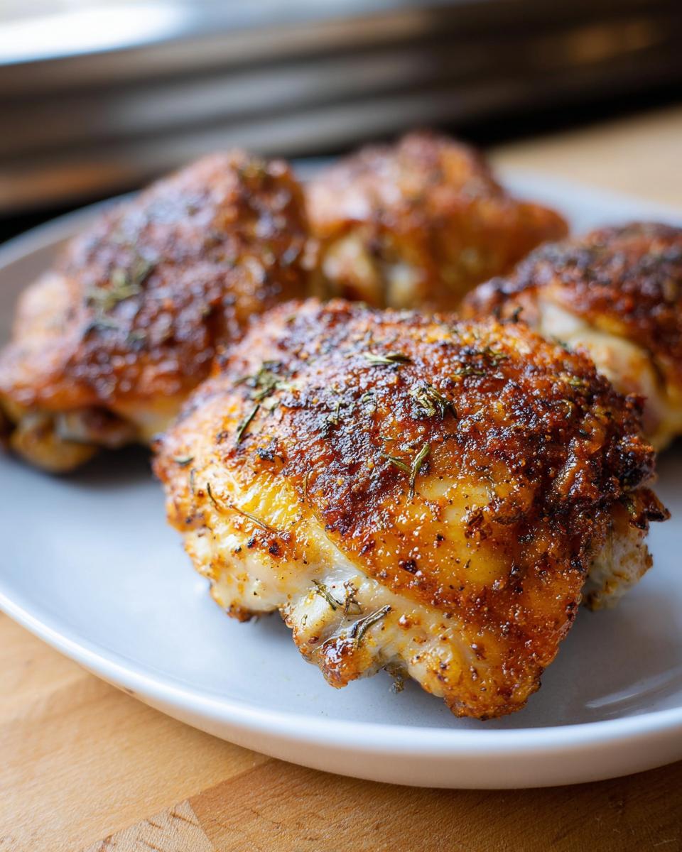 Amazingly Crispy Baked Crispy Chicken Thighs In 8 Steps 4 Close-up of four perfectly baked crispy chicken thighs seasoned with herbs on a white plate.