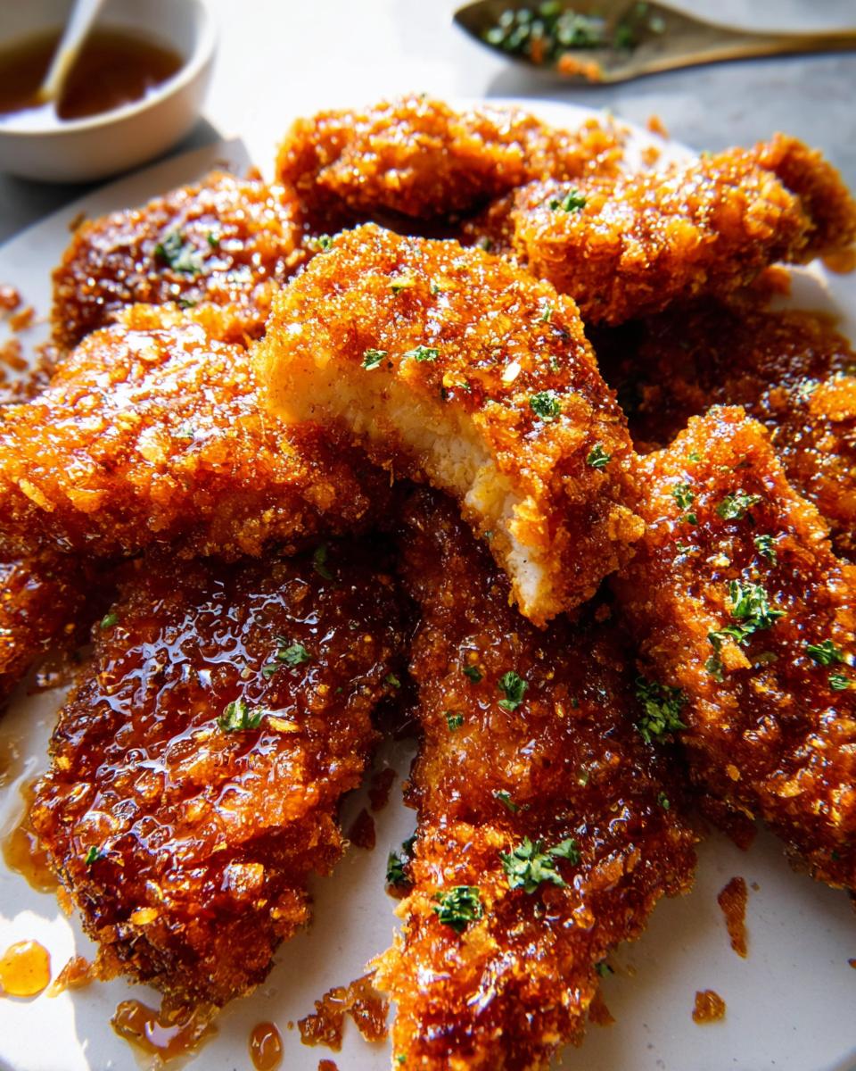 Irresistible Baked Crunchy Hot Honey Chicken 4 Close-up of golden-brown Baked Crunchy Hot Honey Chicken pieces, glistening with sauce and sprinkled with parsley.