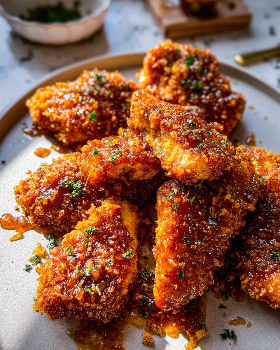 Irresistible Baked Crunchy Hot Honey Chicken 5 Close-up of golden-brown Baked Crunchy Hot Honey Chicken pieces, glistening with sauce and sprinkled with parsley.
