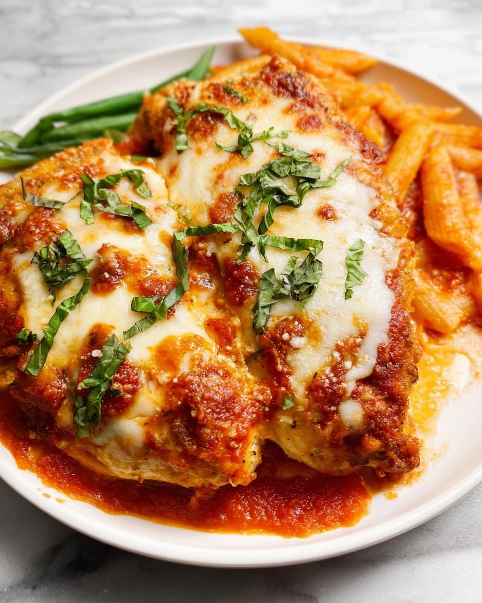 Simple 40-Minute Baked Ricotta Chicken with Marinara 5 A close-up of Baked Ricotta Chicken with Marinara, topped with melted cheese and basil, served with penne pasta and green beans.