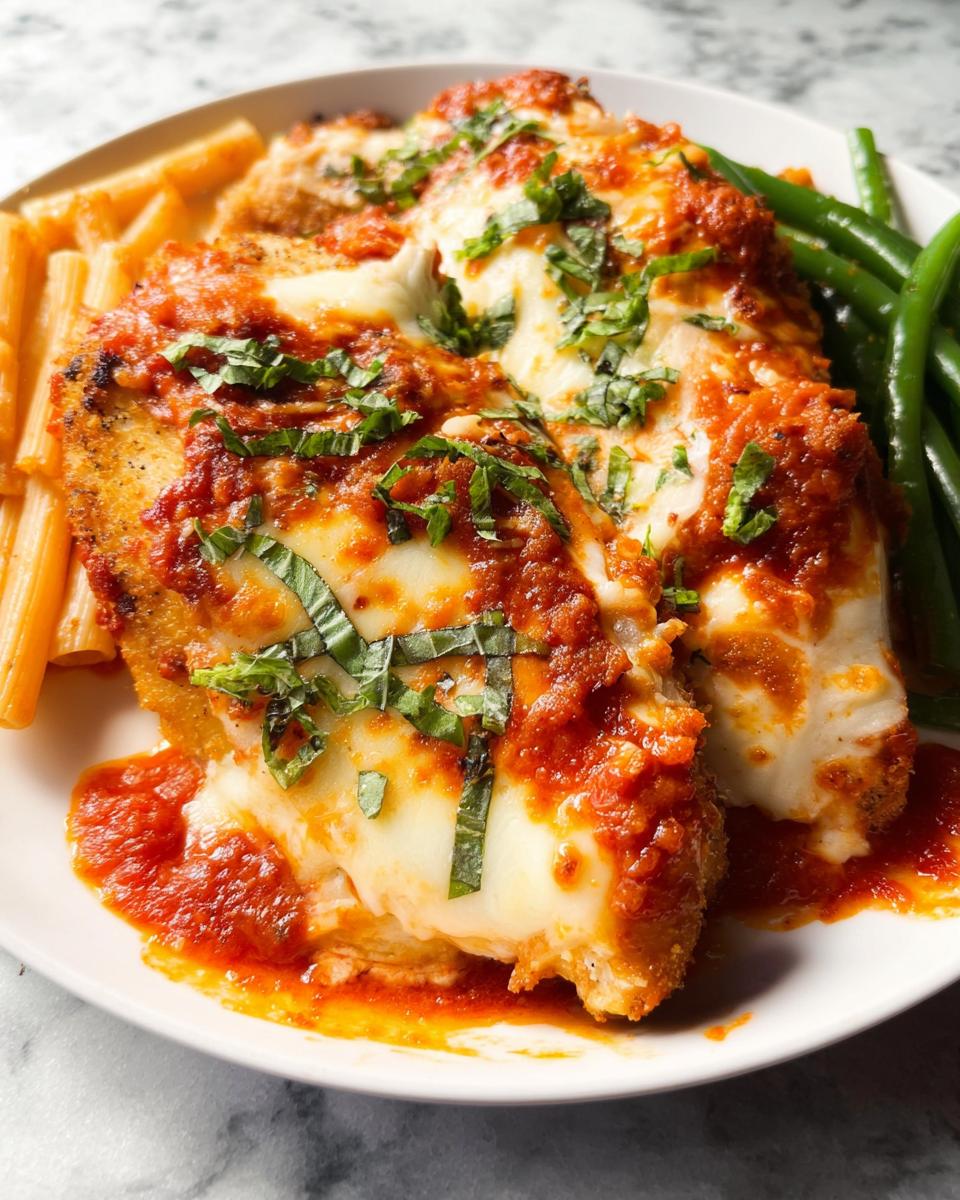 Simple 40-Minute Baked Ricotta Chicken with Marinara 4 Close-up of Baked Ricotta Chicken with Marinara, topped with melted cheese and fresh basil, served with pasta and green beans.