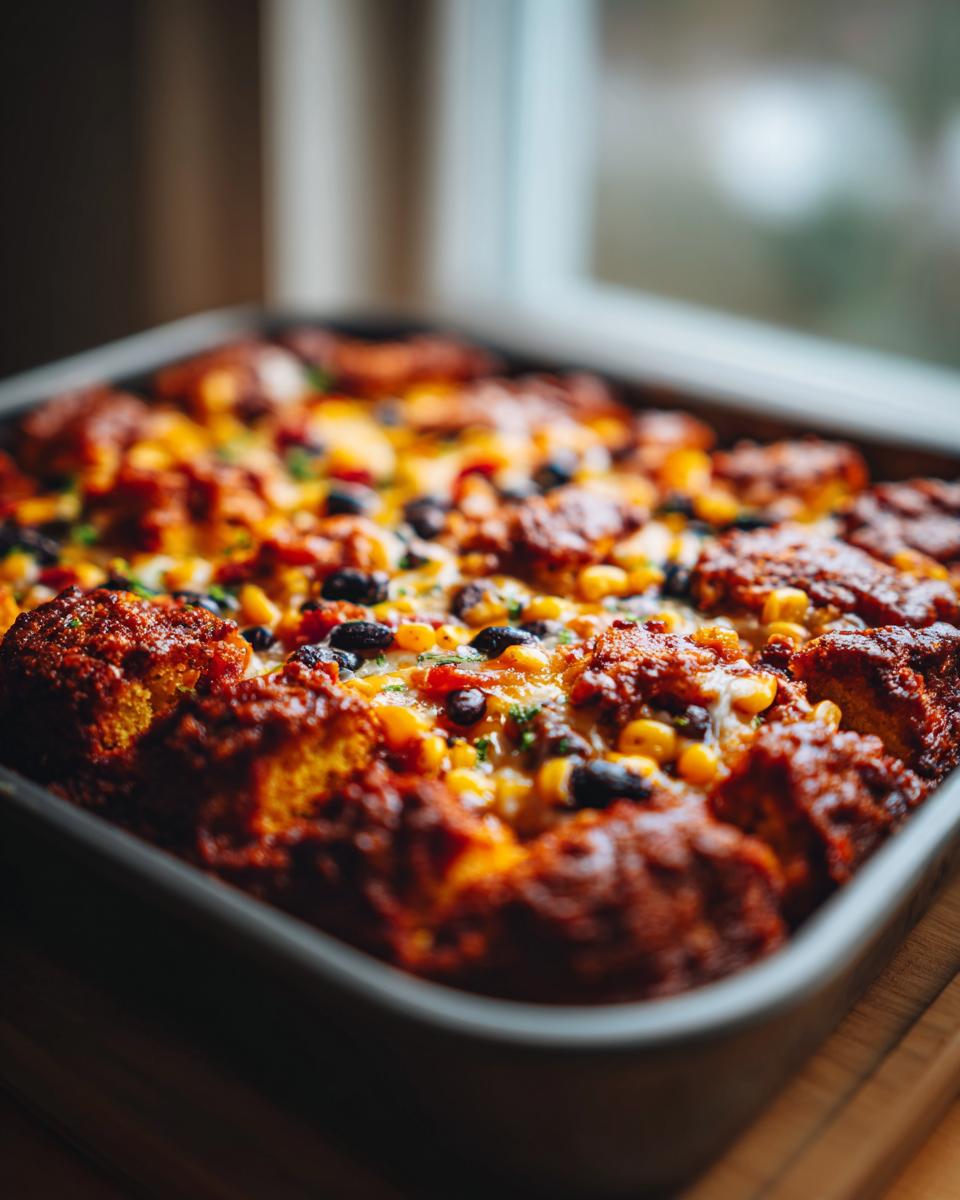 Amazing BBQ Chicken Cornbread Casserole Recipe 4 Close-up of a freshly baked BBQ Chicken Cornbread Casserole in a baking dish, topped with corn and black beans.