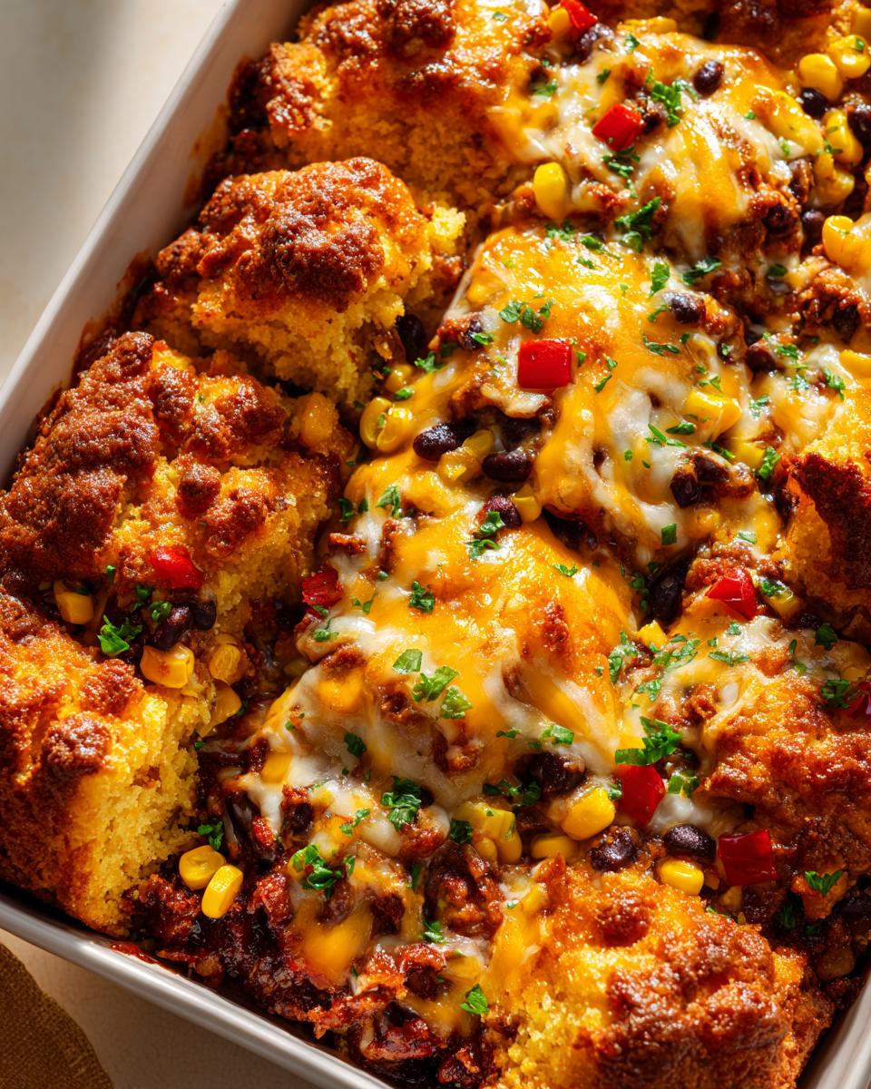 Amazing BBQ Chicken Cornbread Casserole Recipe 5 Close-up of a baked BBQ Chicken Cornbread Casserole topped with melted cheese, corn, black beans, and diced red peppers.