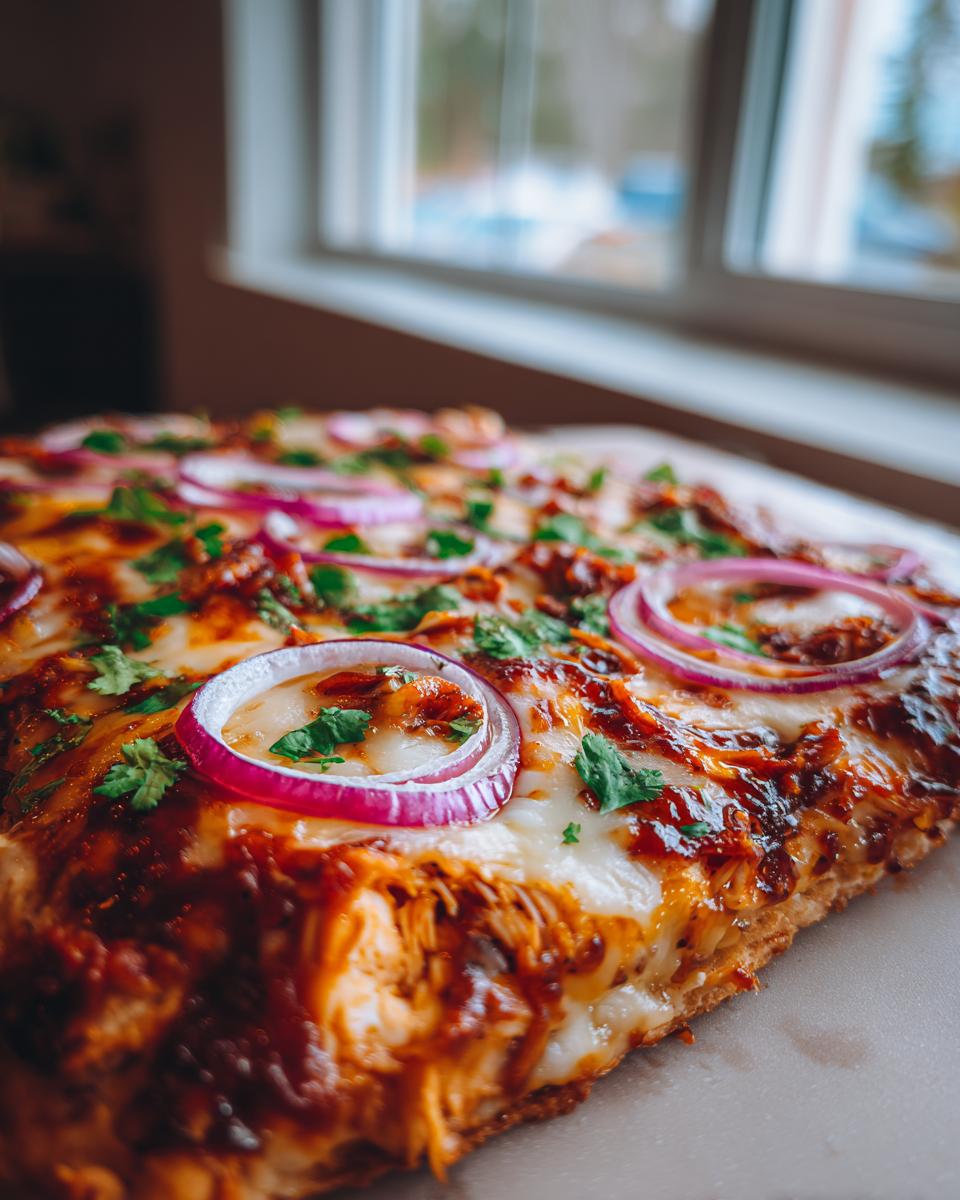 Amazing BBQ Chicken Flatbread Pizzas in 25 Minutes 5 Close-up of a slice of BBQ chicken flatbread pizza topped with melted cheese, red onions, and cilantro.