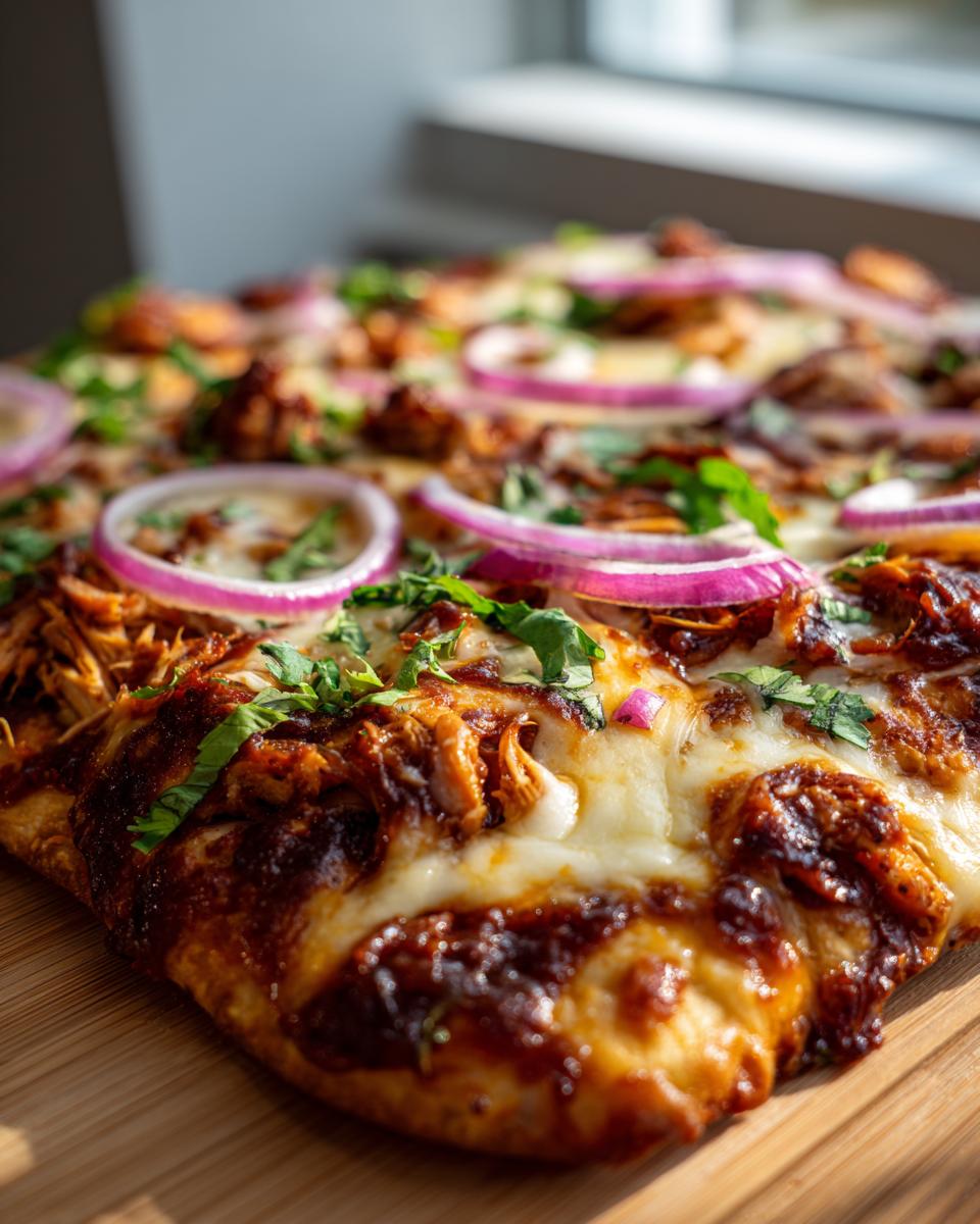 Amazing BBQ Chicken Flatbread Pizzas in 25 Minutes 4 Close-up of a slice of BBQ chicken flatbread pizza topped with melted cheese, shredded chicken, red onion rings, and fresh cilantro.