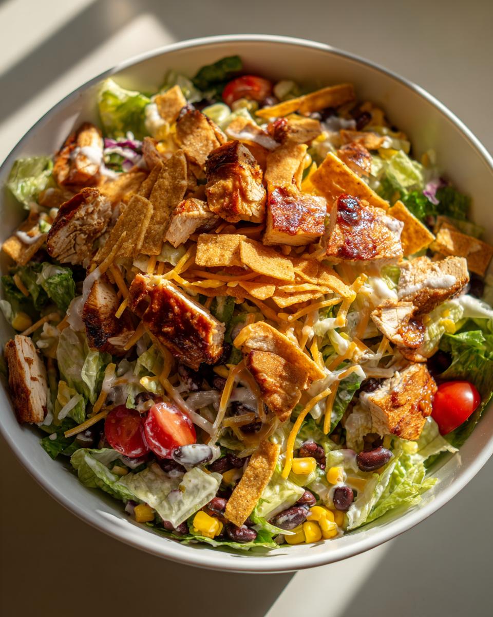 Amazing bbq ranch chicken chopped salad 4 A close-up of a large bowl of BBQ Ranch Chicken Chopped Salad with grilled chicken, corn, beans, and tortilla strips.