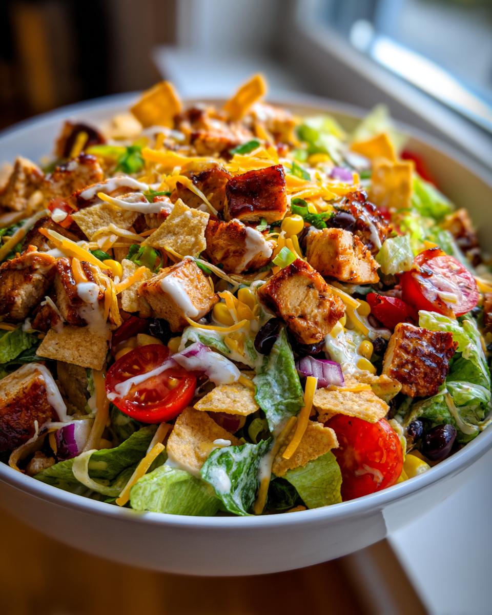 Amazing bbq ranch chicken chopped salad 5 A close-up of a hearty BBQ Ranch Chicken Chopped Salad with grilled chicken, corn, tomatoes, and tortilla strips.