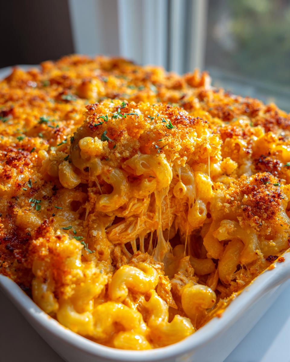 Buffalo Chicken Mac and Cheese: 1 Amazing Bake 4 A close-up of a bubbling Buffalo Chicken Mac and Cheese bake with gooey cheese pulls and a crispy topping.