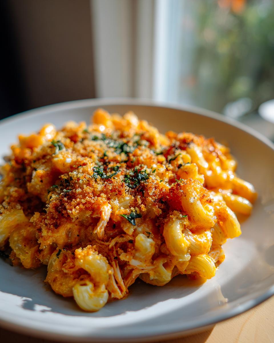 Buffalo Chicken Mac and Cheese: 1 Amazing Bake 5 Close-up of a serving of Buffalo Chicken Mac and Cheese, featuring elbow pasta, shredded chicken, and a cheesy sauce, topped with breadcrumbs and herbs.