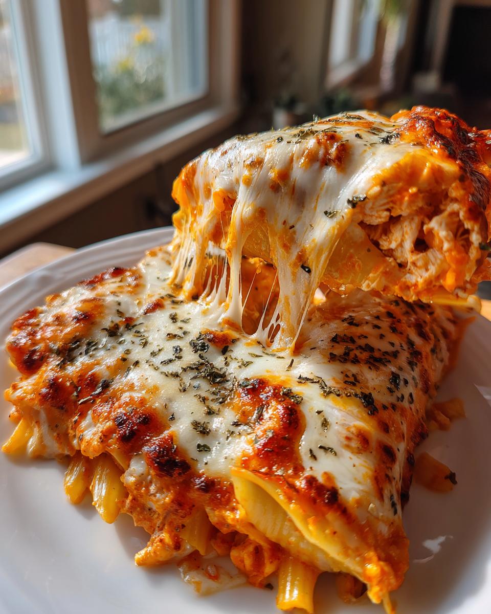 Amazing Buffalo Chicken Stuffed Shells 4 A serving of Buffalo Chicken Stuffed Shells with melted cheese stretching as a piece is lifted.