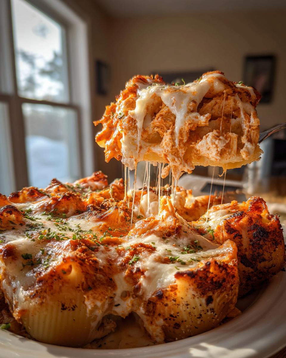 Amazing Buffalo Chicken Stuffed Shells 5 A serving fork lifts a piece of Buffalo Chicken Stuffed Shells, showing gooey melted cheese and buffalo chicken filling.