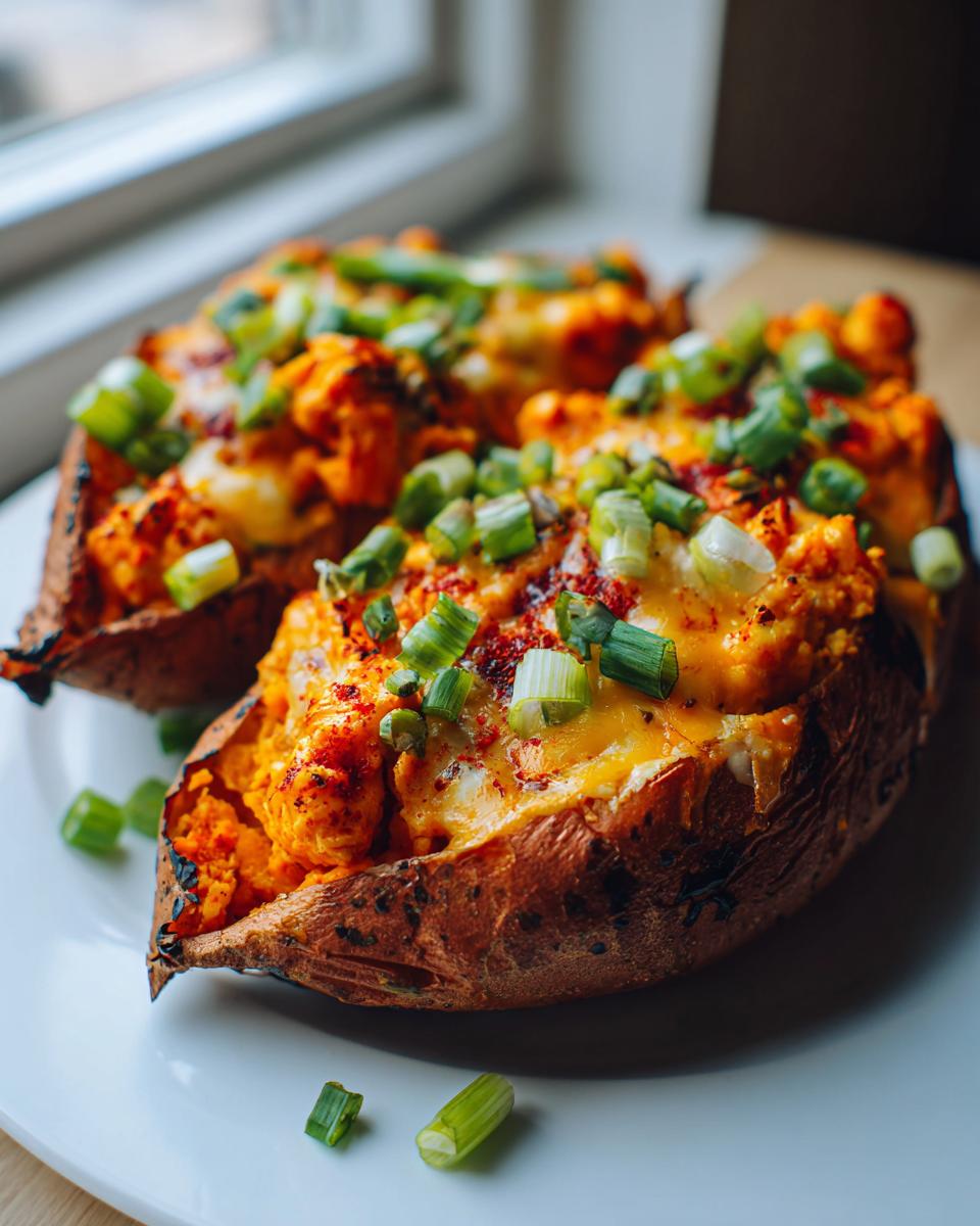 Amazing buffalo chicken stuffed sweet potatoes 4 A close-up shot of two buffalo chicken stuffed sweet potatoes, topped with melted cheese and chopped green onions.