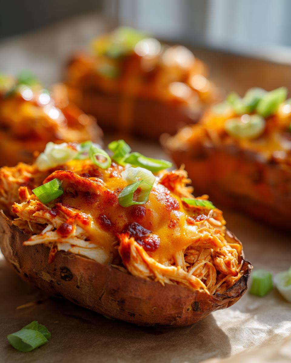 Amazing buffalo chicken stuffed sweet potatoes 5 Close-up of buffalo chicken stuffed sweet potatoes topped with melted cheese and green onions.