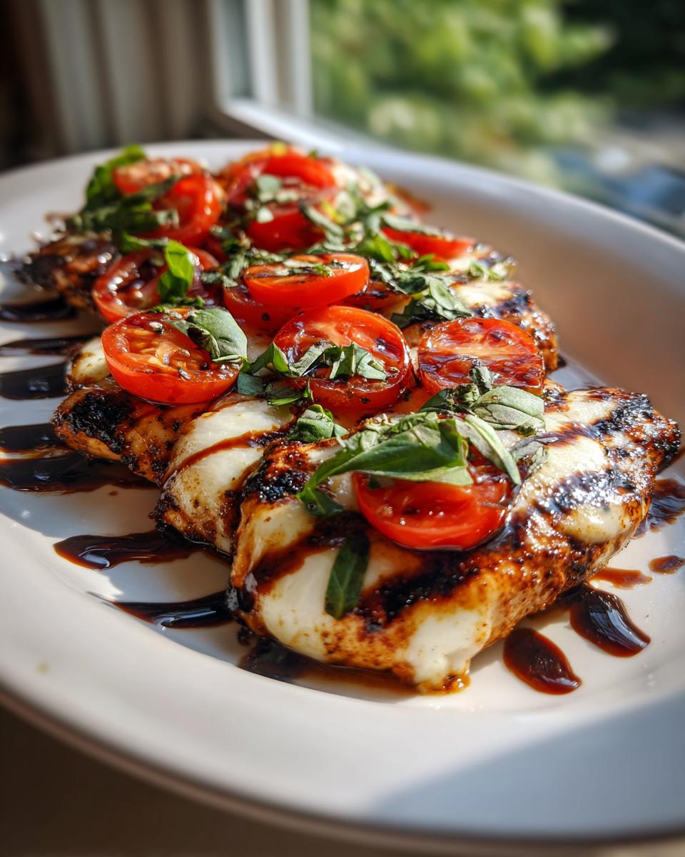 Amazing Caprese Grilled Chicken in 30 Minutes 4 Close-up of Caprese Grilled Chicken topped with fresh mozzarella, halved cherry tomatoes, and basil, drizzled with balsamic glaze.