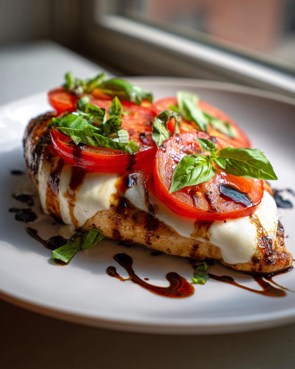 Amazing Caprese Grilled Chicken in 30 Minutes 5 A close-up of Caprese Grilled Chicken topped with fresh mozzarella, sliced tomatoes, and basil, drizzled with balsamic glaze.
