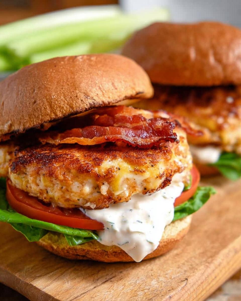 Juicy 25-Minute Cheddar Ranch Chicken Burgers Recipe 4 Close-up of a delicious Cheddar Ranch Chicken Burger with bacon, tomato, lettuce, and ranch dressing.