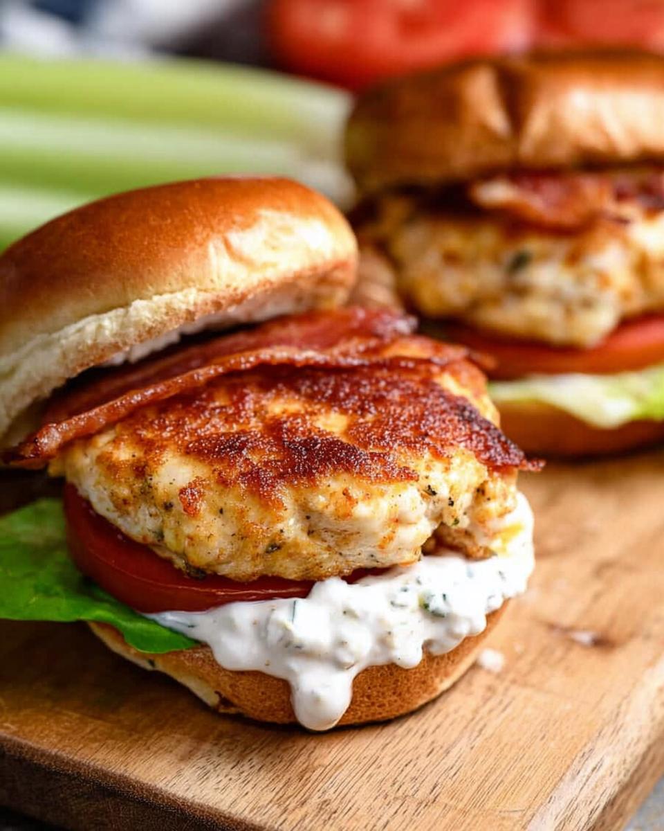 Juicy 25-Minute Cheddar Ranch Chicken Burgers Recipe 5 Close-up of a juicy Cheddar Ranch Chicken Burger topped with crispy bacon and creamy ranch sauce.
