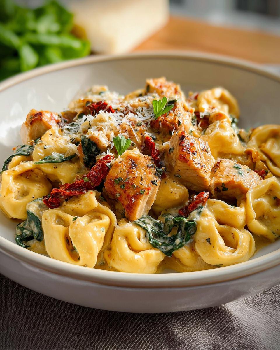20-Minute Cheesy Chicken Tortellini Saves Busy Nights 5 A close-up of Cheesy Chicken Tortellini pasta dish with pieces of chicken, spinach, and sun-dried tomatoes in a creamy sauce.
