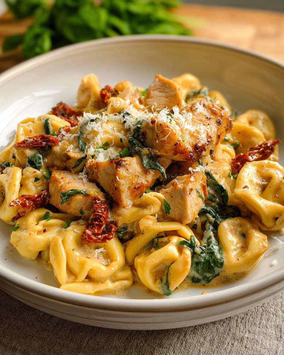 20-Minute Cheesy Chicken Tortellini Saves Busy Nights 4 A close-up of Cheesy Chicken Tortellini pasta dish with chunks of chicken, sun-dried tomatoes, and spinach in a creamy sauce.