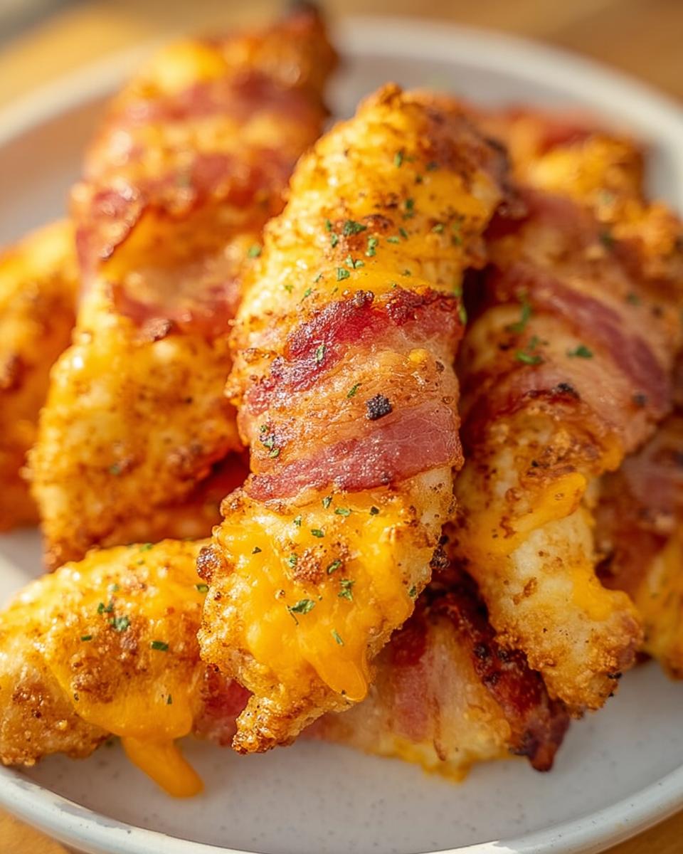 Cheesy Ranch Chicken Tenders Easy Oven Baked Recipe 5 Close-up of oven-baked Cheesy Ranch Chicken Tenders wrapped in bacon, with melted cheese oozing out.