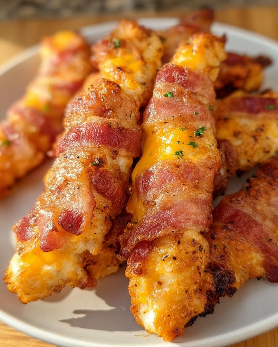 Cheesy Ranch Chicken Tenders Easy Oven Baked Recipe 4 Close-up of oven-baked Cheesy Ranch Chicken Tenders wrapped in crispy bacon and topped with melted cheddar cheese.