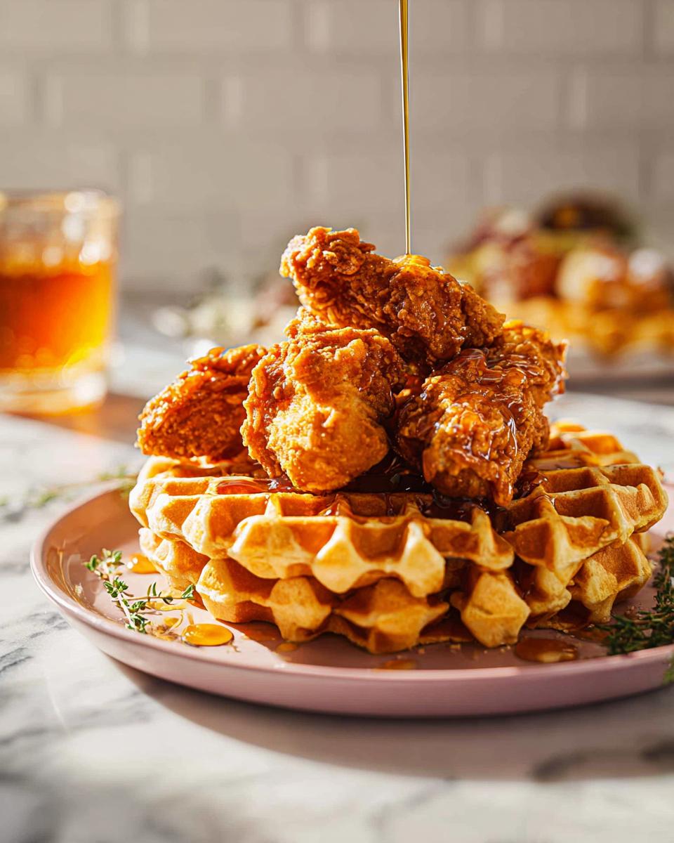 Perfect Chicken and Waffles with Hot Honey Butter Recipe 4 A stack of golden waffles topped with crispy fried chicken, drizzled with hot honey butter.