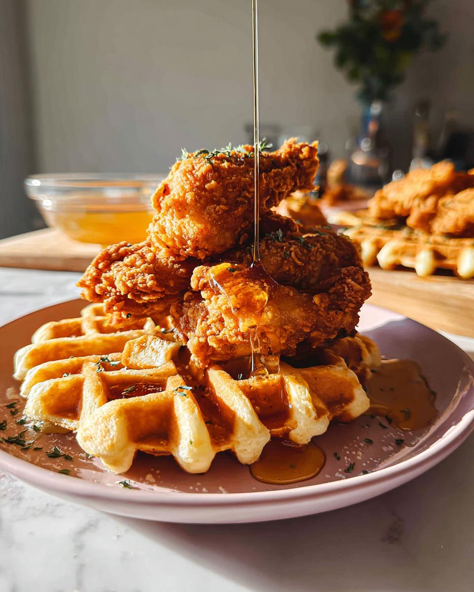 Perfect Chicken and Waffles with Hot Honey Butter Recipe 5 A stack of golden waffles topped with crispy fried chicken, drizzled with hot honey butter.