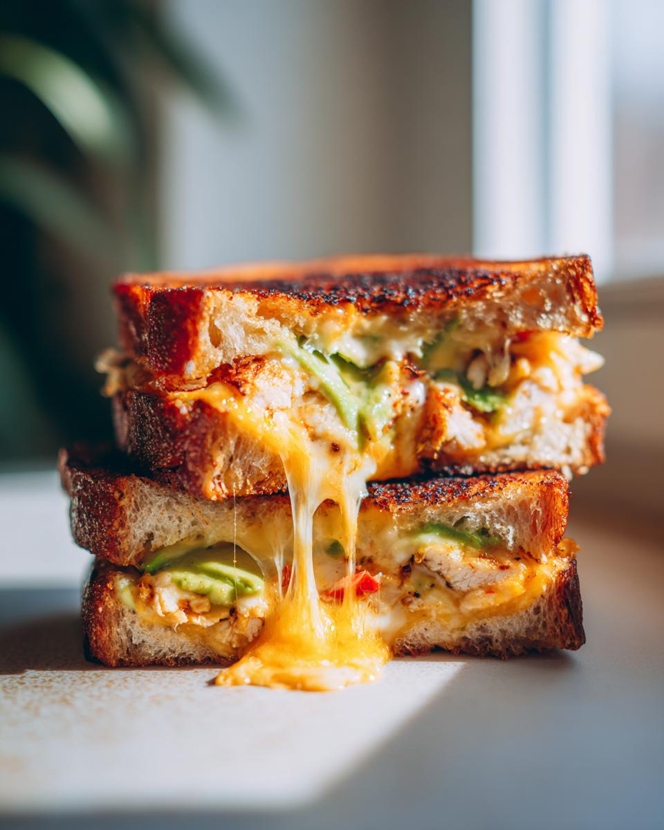Amazing Chicken Avocado Melt Sandwich: 25 Min 4 Close-up of a stacked Chicken Avocado Melt Sandwich with gooey melted cheese dripping down.