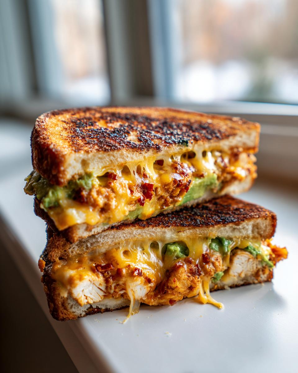 Amazing Chicken Avocado Melt Sandwich: 25 Min 5 A close-up of a Chicken Avocado Melt Sandwich, grilled to perfection with melted cheese and fresh avocado.