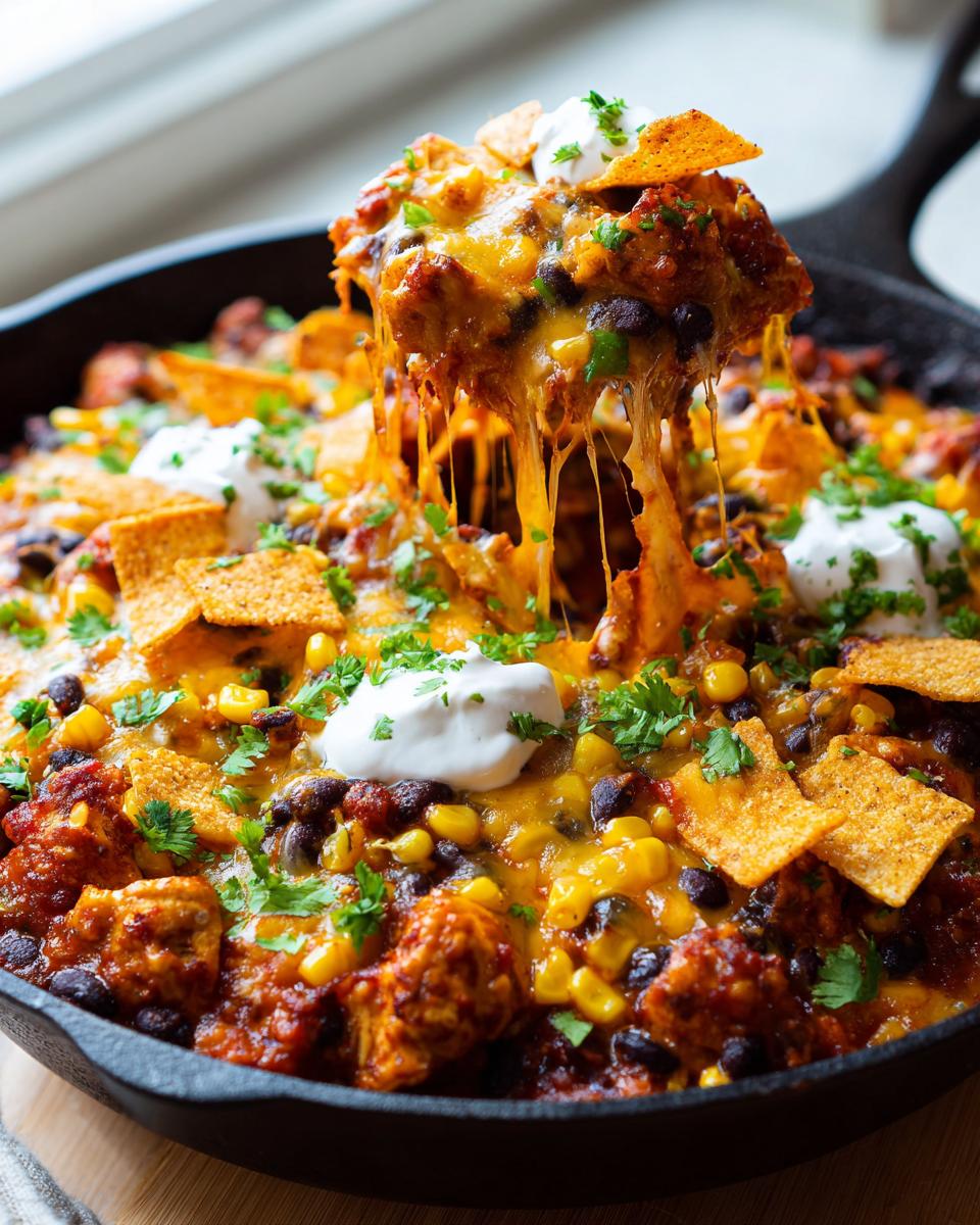 Amazing Chicken Enchilada Skillet: 40 Min Meal 4 A scoop of cheesy chicken enchilada skillet with melted cheese strings, topped with sour cream and cilantro.