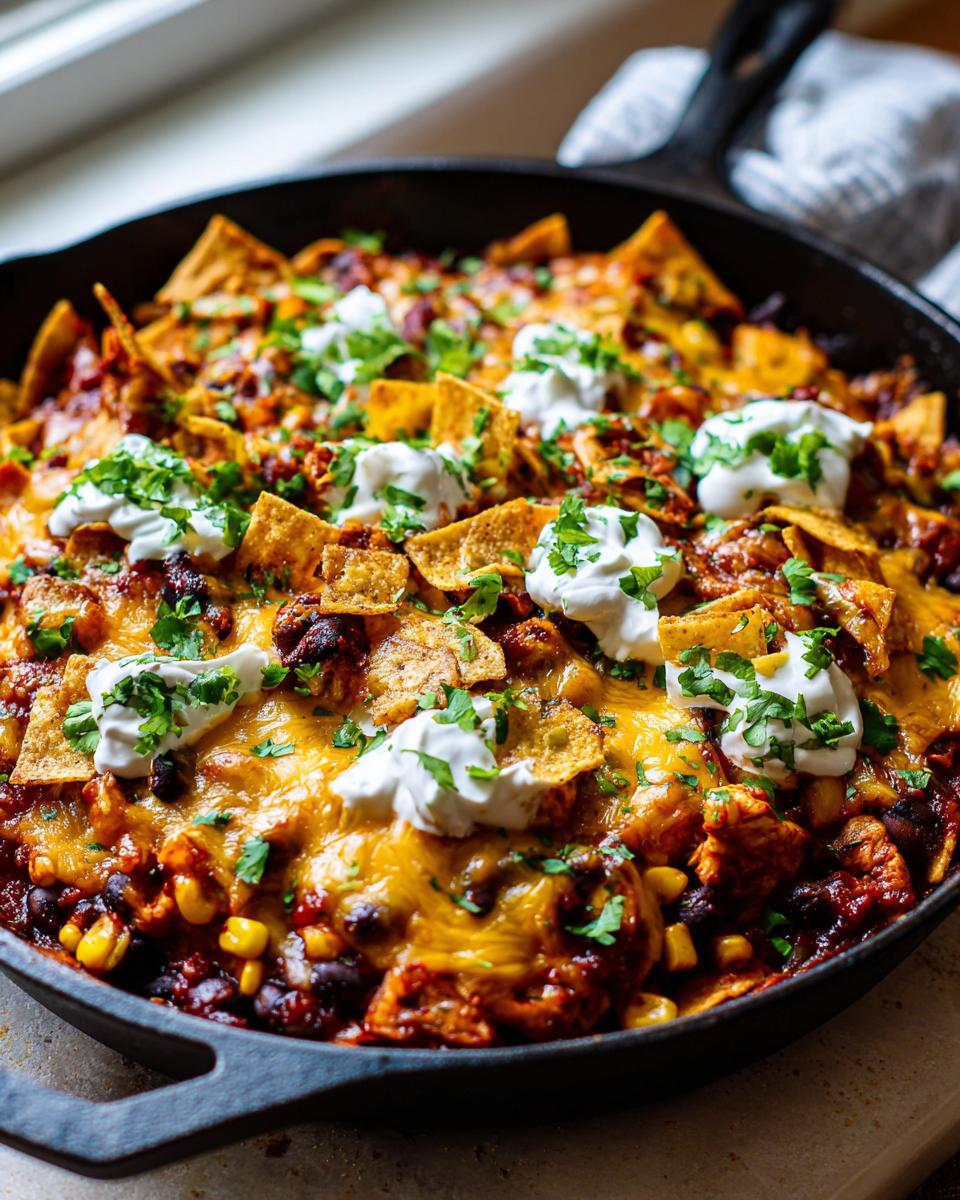 Amazing Chicken Enchilada Skillet: 40 Min Meal 5 A close-up of a bubbling chicken enchilada skillet topped with melted cheese, tortilla chips, sour cream, and cilantro.
