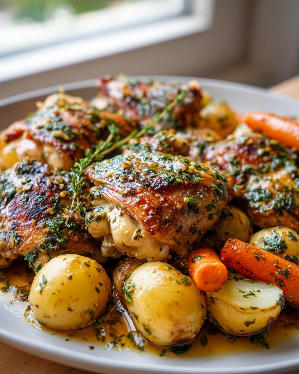 Amazing chicken in a bag garlic herb butter 5 Close-up of juicy chicken in a bag garlic herb butter, served with roasted potatoes and carrots, drizzled with herb sauce.
