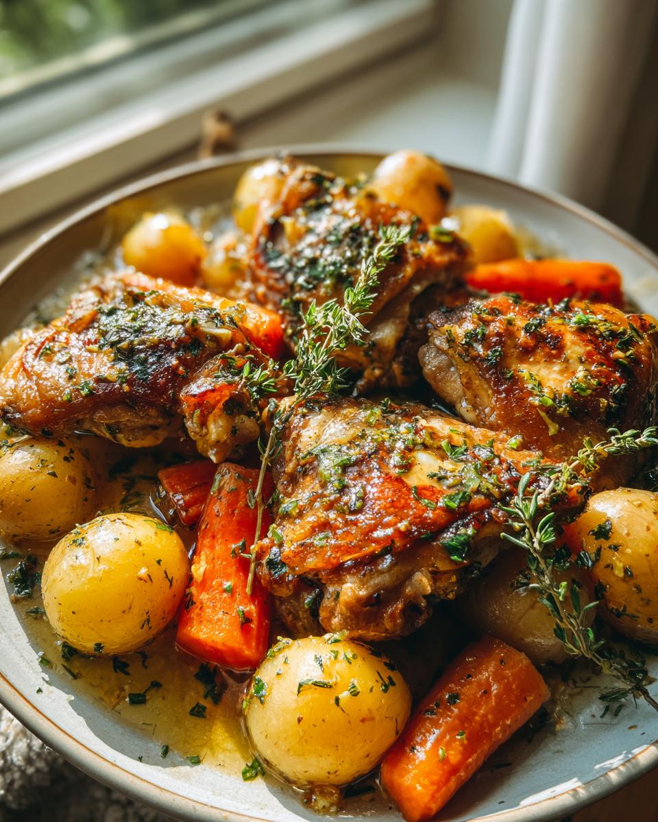 Amazing chicken in a bag garlic herb butter 4 Close-up of juicy chicken in a bag garlic herb butter, served with roasted potatoes and carrots, garnished with fresh herbs.