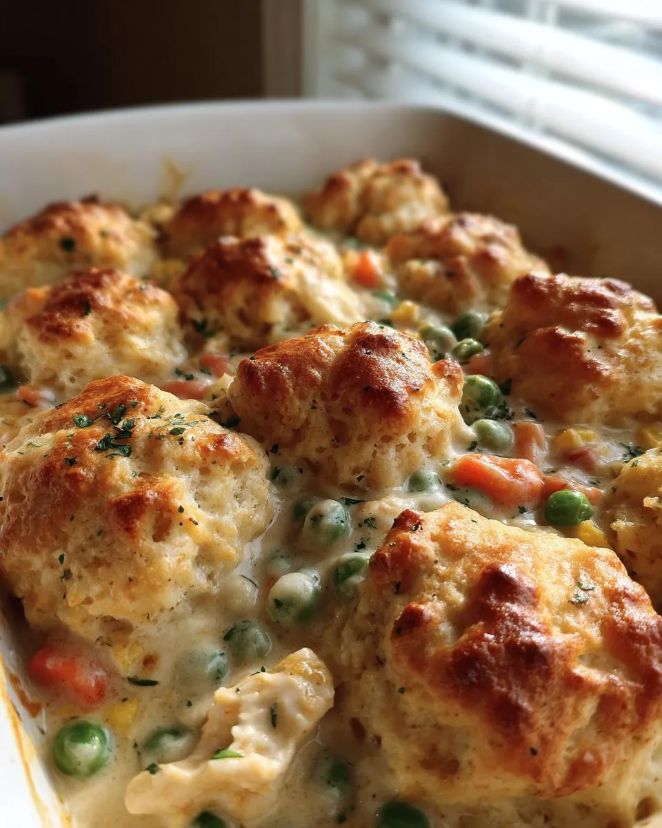 Easy Chicken Pot Pie Biscuit Bake: 1 Hour Magic 5 Close-up of a golden-brown biscuit topping on a creamy chicken pot pie biscuit bake with peas and carrots.