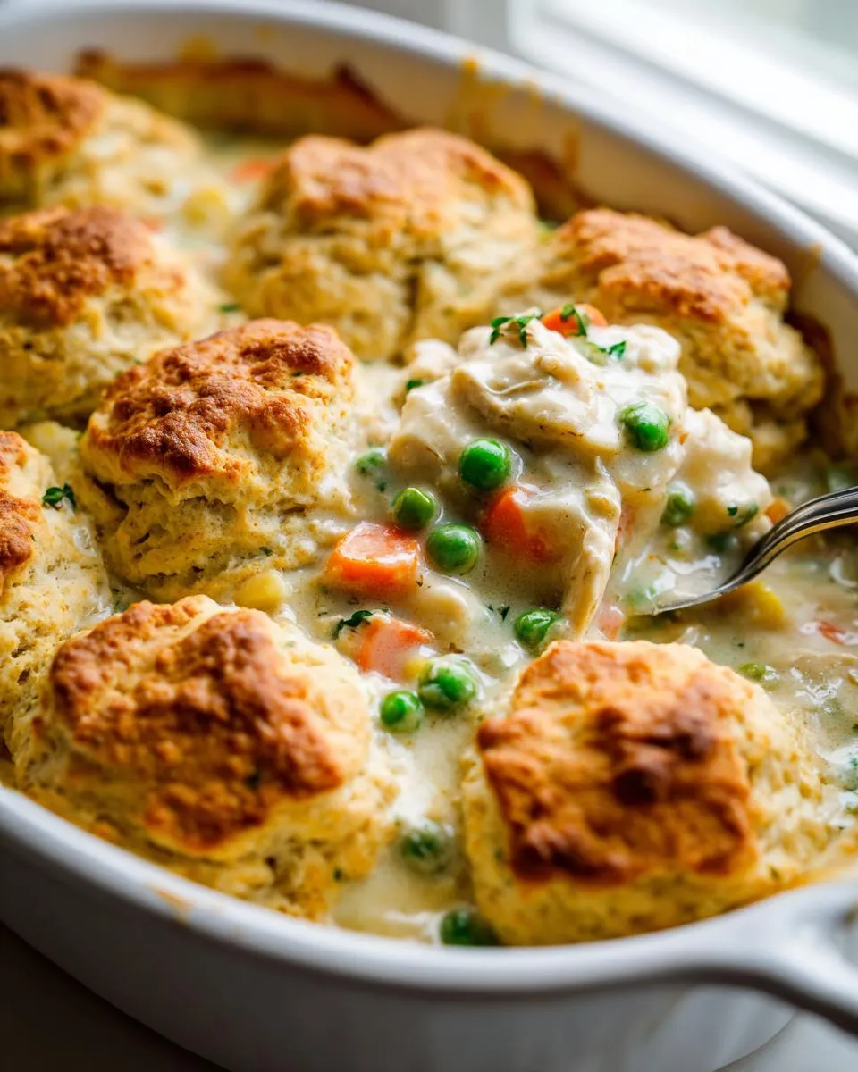 Easy Chicken Pot Pie Biscuit Bake: 1 Hour Magic 4 A spoonful of creamy chicken pot pie biscuit bake with chicken, peas, and carrots, topped with golden biscuits.