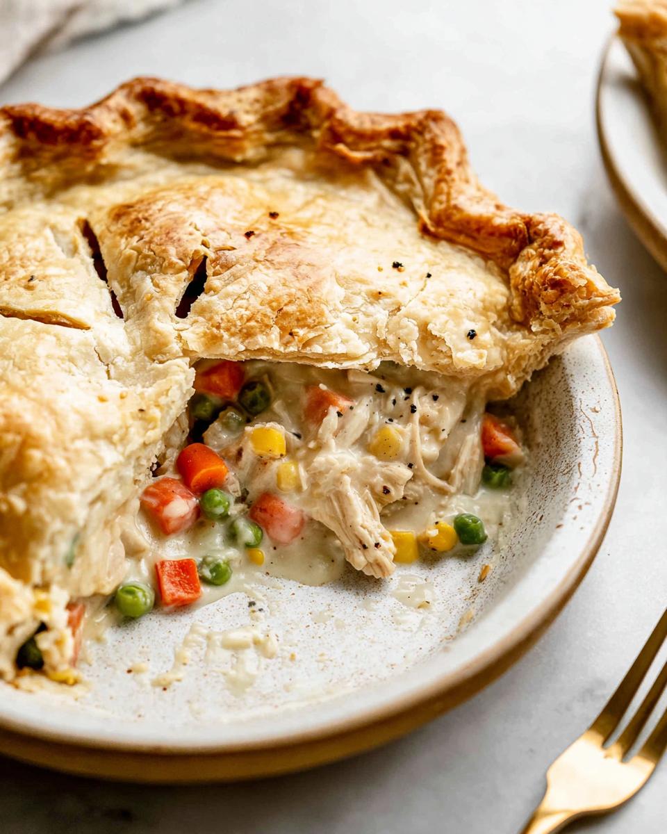 Perfect Chicken Pot Pie with Flaky Crust in 11 Steps 5 Close-up of a slice of chicken pot pie showing the flaky crust and creamy filling with chicken and vegetables.