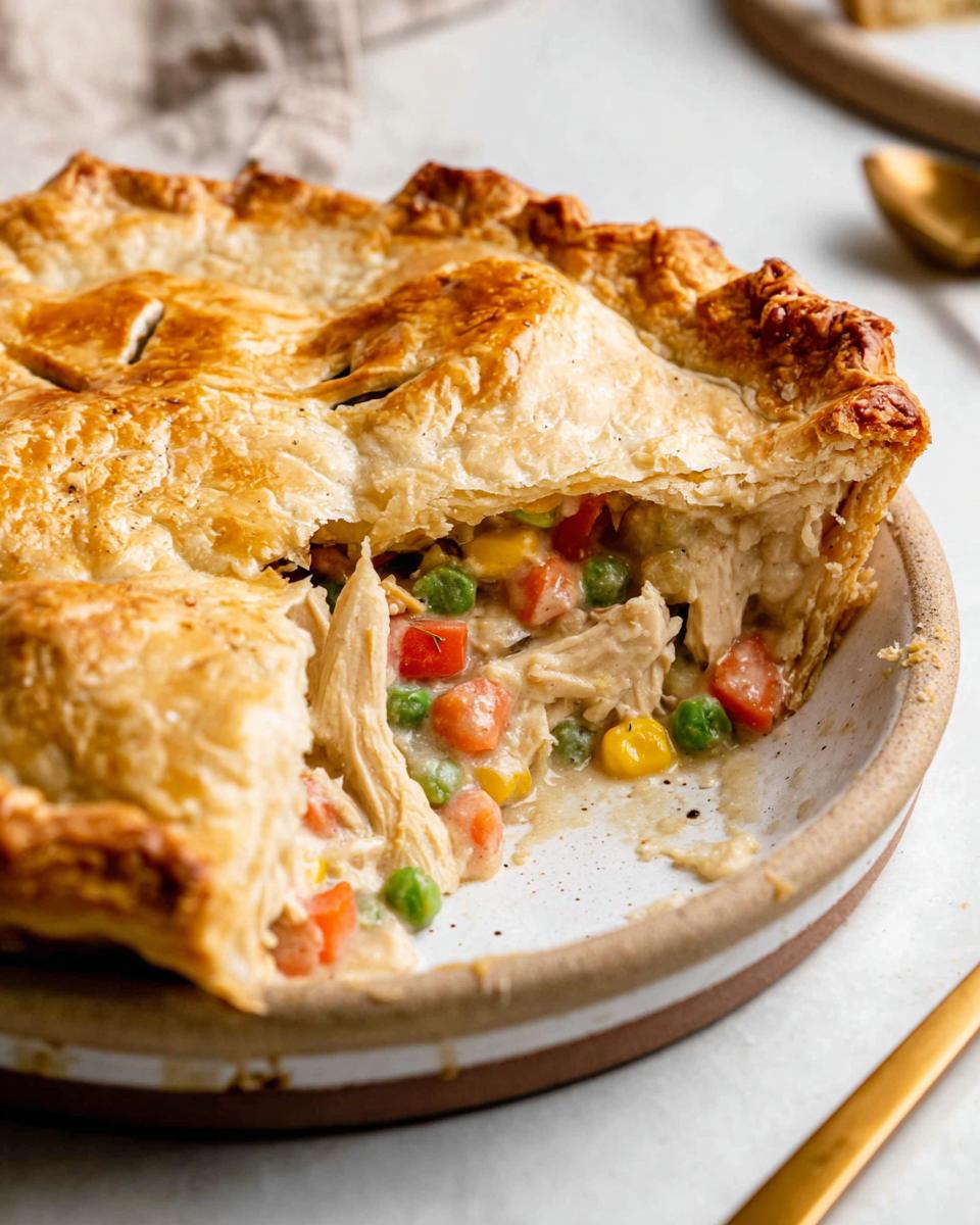 Perfect Chicken Pot Pie with Flaky Crust in 11 Steps 4 A slice of homemade Chicken Pot Pie with a golden flaky crust, revealing tender chicken and mixed vegetables in a creamy sauce.