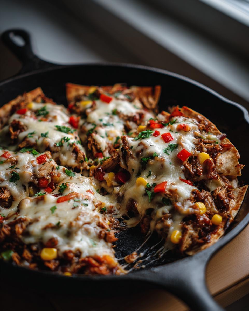 Amazing 35-Min Chicken Quesadilla Skillet 4 A close-up of a cheesy Chicken Quesadilla Skillet in a cast iron pan, topped with red peppers and cilantro.