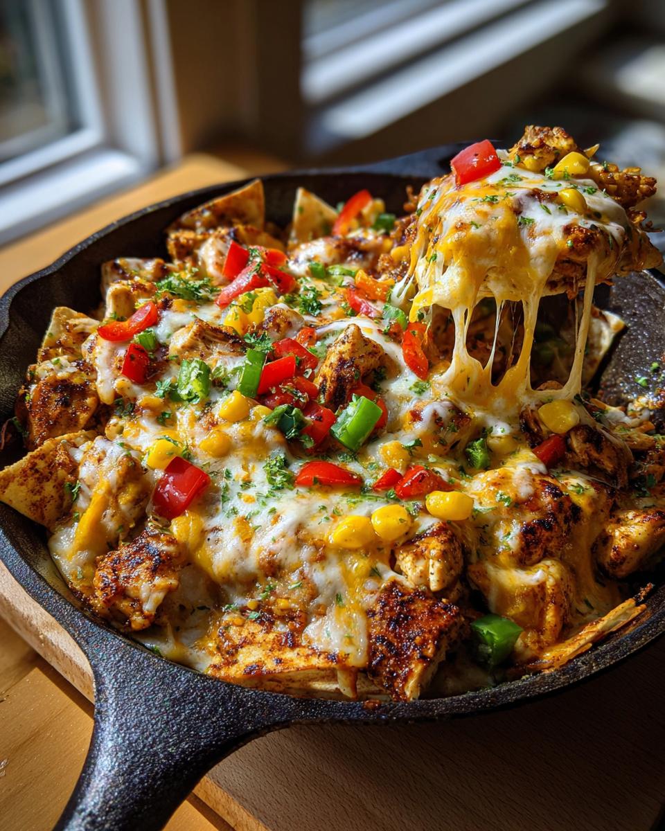 Amazing 35-Min Chicken Quesadilla Skillet 5 A scoop of cheesy Chicken Quesadilla Skillet being lifted, showing melted cheese, chicken, corn, and peppers in a cast iron skillet.
