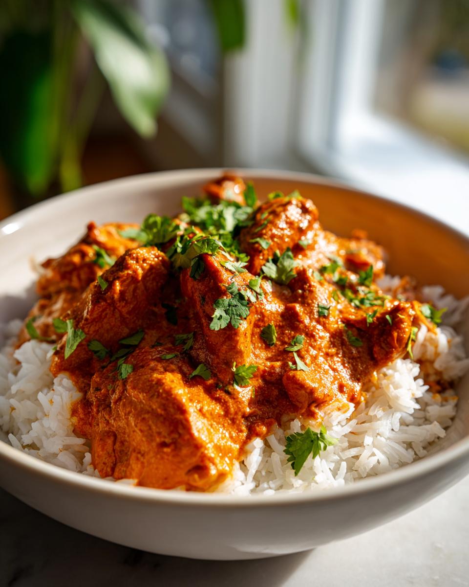 Easy Chicken Tikka Masala Rice Bowls: 40 Min 5 A close-up of a bowl filled with fluffy white rice topped with creamy chicken tikka masala and fresh cilantro.