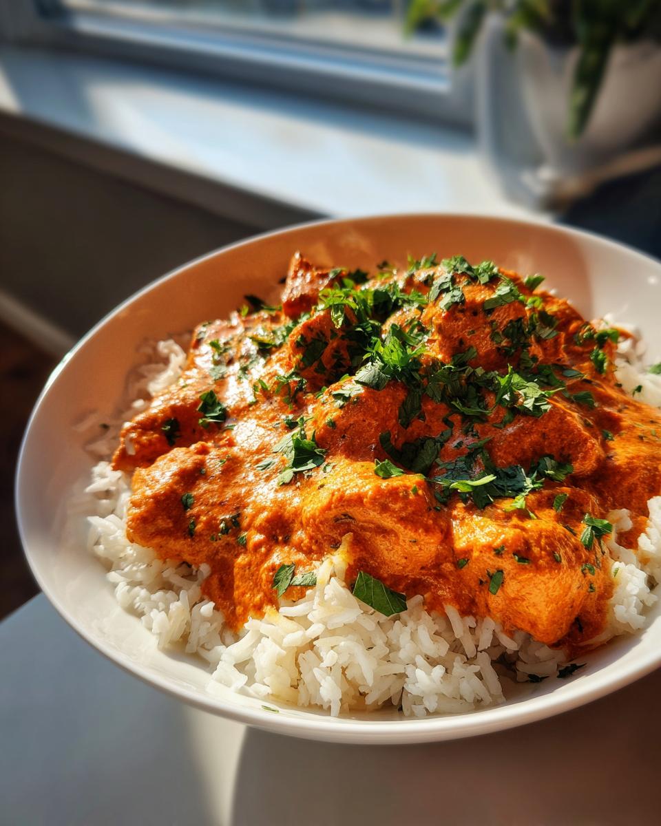 Easy Chicken Tikka Masala Rice Bowls: 40 Min 4 A close-up of a white bowl filled with fluffy white rice topped with creamy chicken tikka masala and fresh cilantro.