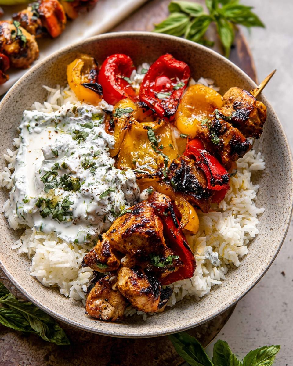 Amazing Chicken Tzatziki Rice Bowls in Just 7 Steps 5 A close-up of Chicken Tzatziki Rice Bowls, featuring grilled chicken skewers, colorful bell peppers, fluffy rice, and creamy tzatziki sauce.